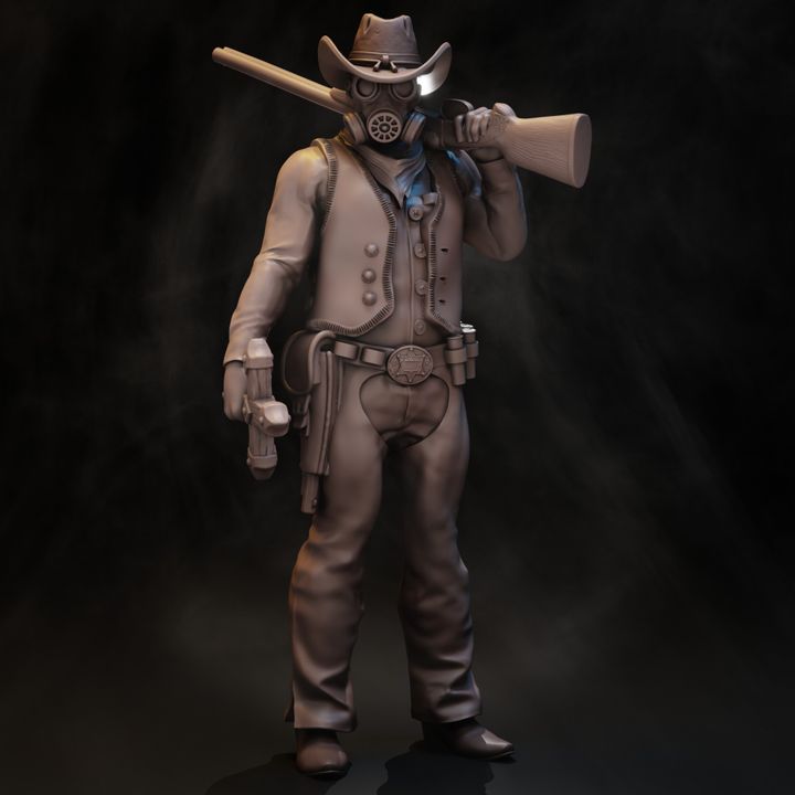 Male deputy figure standing with shotgun over shoulder and revolver at side wearing gas mask and sheriff star belt
