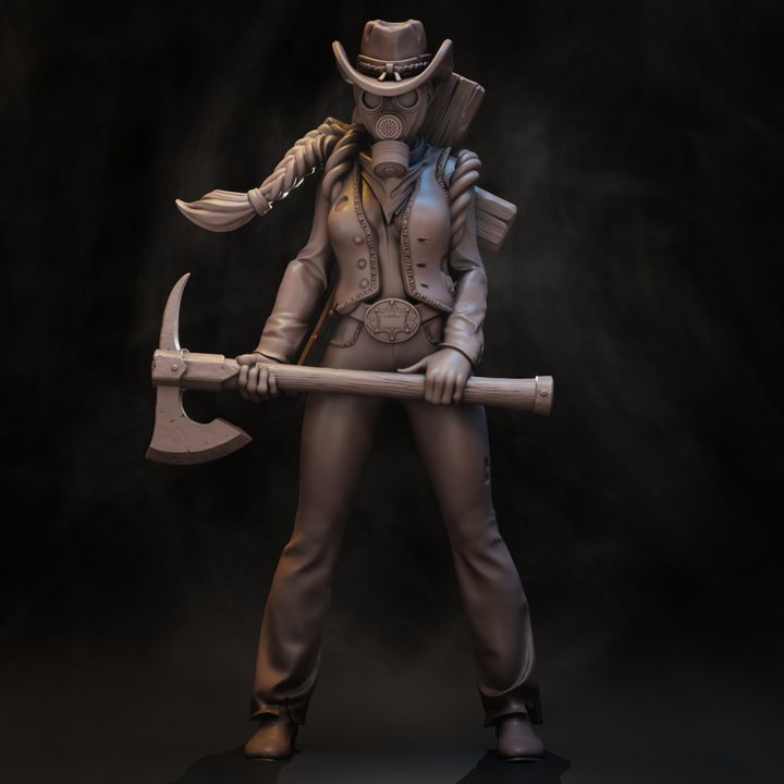 Female deputy holding large pickaxe hatchet and rifle with gas mask and sheriff buckle front facing pose