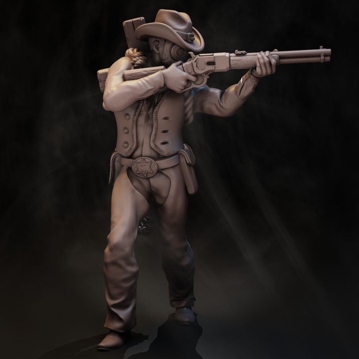 Female deputy figure aiming lever-action rifle with gas mask and braided hair rear three-quarter view