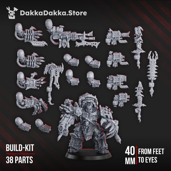 Pandemic Destroyer Squad build kit showing all 38 parts laid out with assembled model, 40mm scale