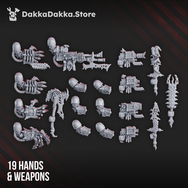 19 hands and weapons options for the squad including claw arms, plague rifles, and melee weapons