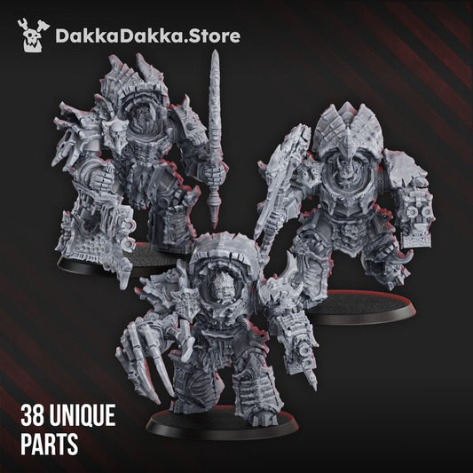 Three fully assembled Pandemic Destroyer Squad models on bases showing pose and size variety