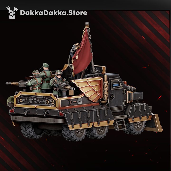 Dinofelis WTV D-89 command vehicle painted in dark grey and gold, rear three-quarter view with crew and banner