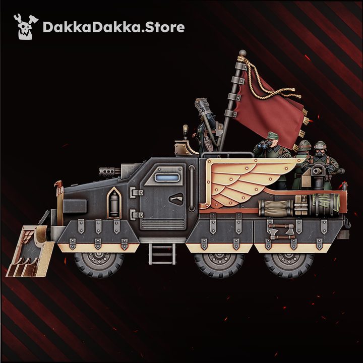 Side profile view of the armoured command truck showing dozer blade, wing crest panels, and open cargo bed with crew
