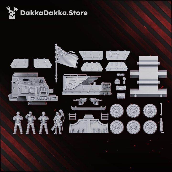 Unpainted grey resin parts layout showing all 33 components including vehicle body, wheels, crew figures, and accessories