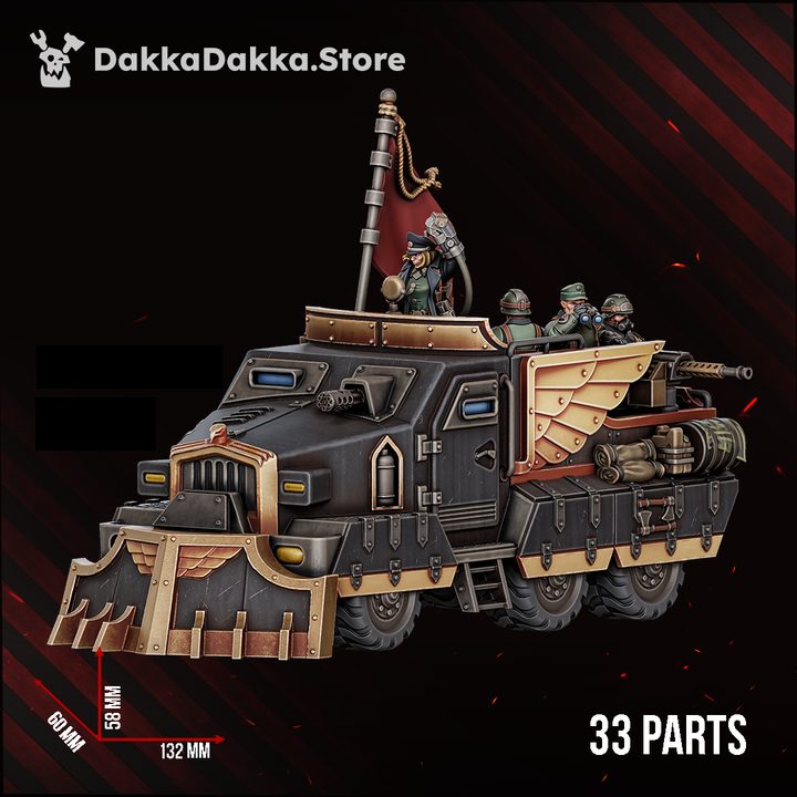Fully painted Dinofelis WTV D-89 front three-quarter view with size dimensions, 132mm length and 58mm height shown