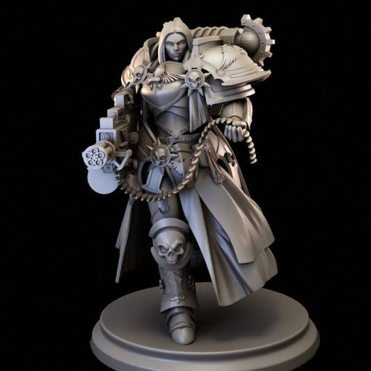 Eruhit Tezia figurine, 75mm sci-fi fantasy model in grey resin, detailed with custom base for gaming or collection.