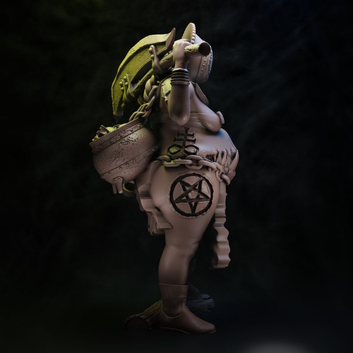 Coven of the Black Woods Great Eater resin miniature front side and back views showing cleaver cauldron and pentagram detail