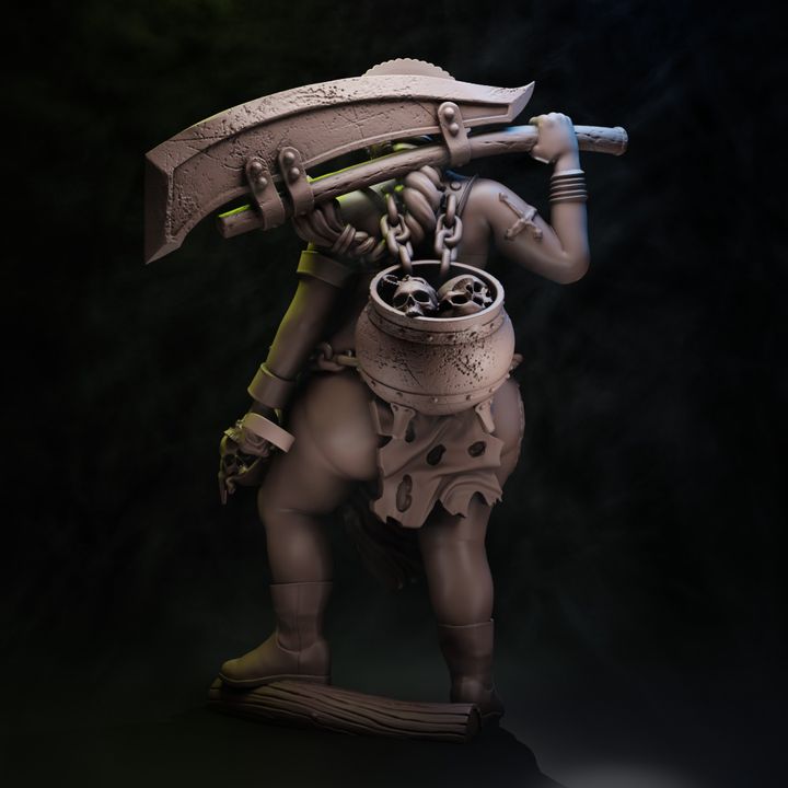 Coven of the Black Woods Great Eater resin miniature front side and back views showing cleaver cauldron and pentagram detail