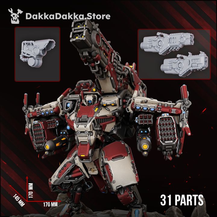 Assembled HT-77 Skyrend painted model, three-quarter view showing weapon arm options and full scale dimensions