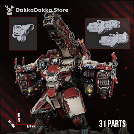 Assembled HT-77 Skyrend painted model, three-quarter view showing weapon arm options and full scale dimensions