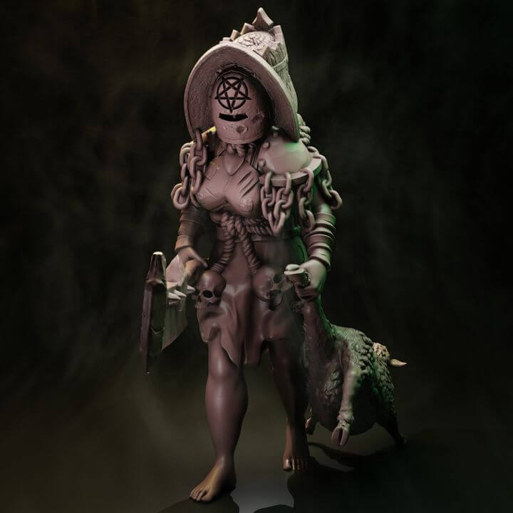 Coven Heavy Witches Set two occult warrior resin miniatures with chains, sigil hats, rotary cannon and cleaver with goat familiar