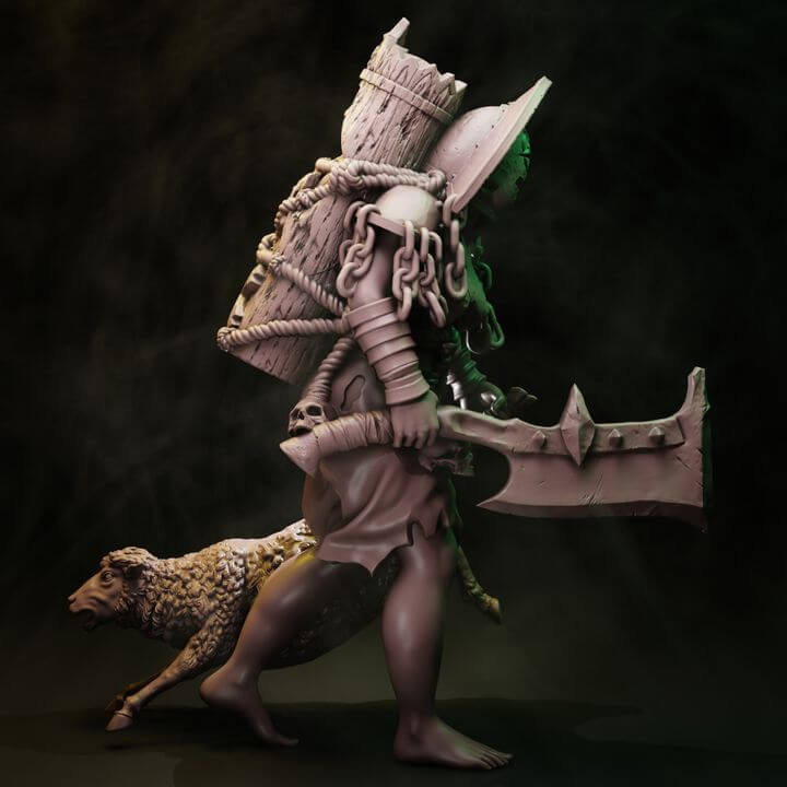 Coven Heavy Witches Set two occult warrior resin miniatures with chains, sigil hats, rotary cannon and cleaver with goat familiar