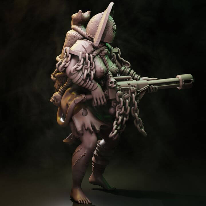 Coven Heavy Witches Set two occult warrior resin miniatures with chains, sigil hats, rotary cannon and cleaver with goat familiar