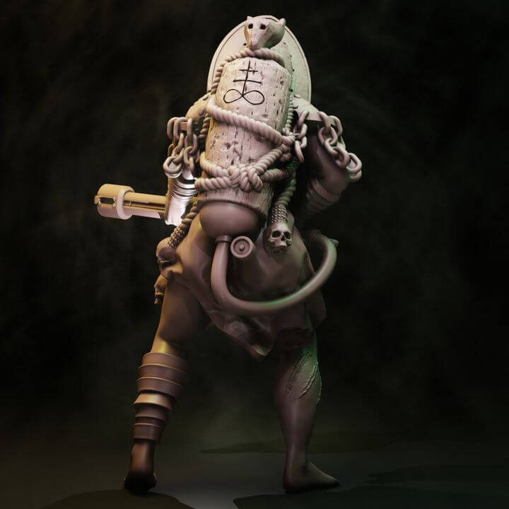 Coven Heavy Witches Set two occult warrior resin miniatures with chains, sigil hats, rotary cannon and cleaver with goat familiar