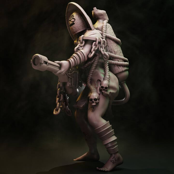 Coven Heavy Witches Set two occult warrior resin miniatures with chains, sigil hats, rotary cannon and cleaver with goat familiar