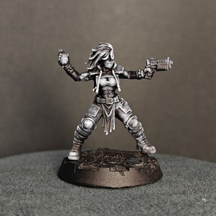 Ballad of the Street Cats Grenadiers female fighter, wide-stance pose, pistol extended and grenade raised, front view