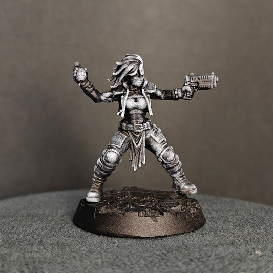 Ballad of the Street Cats Grenadiers female fighter, wide-stance pose, pistol extended and grenade raised, front view