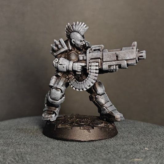 Ballad of the Street Cats Heavy Gunner resin miniature, front view, aiming large weapon with mohawk and layered armour