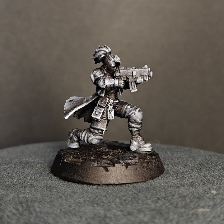 Gang fighter in crouching pose sighting down a rifle, detailed knee pads and utility coat, side angle view