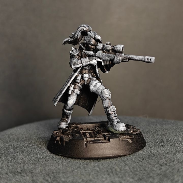 Ballad of the Street Cats Snipers front view, figure aiming long-barrelled rifle with coat billowing, on industrial base