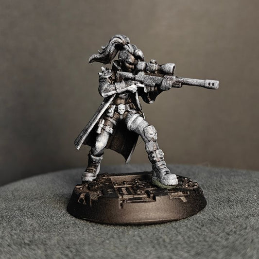 Ballad of the Street Cats Snipers front view, figure aiming long-barrelled rifle with coat billowing, on industrial base