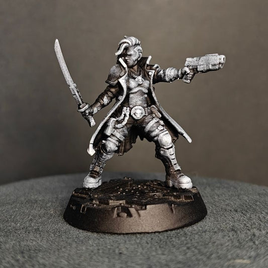 Ballad of the Street Cats Gang Leaders front view, leader with sword and pistol in dynamic combat pose, 32mm resin miniature