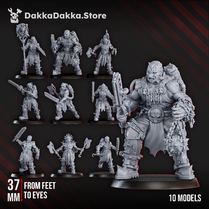 Mad Hyenas Squad full group of 10 grey resin miniatures including champion, infantry and standard bearer, front view