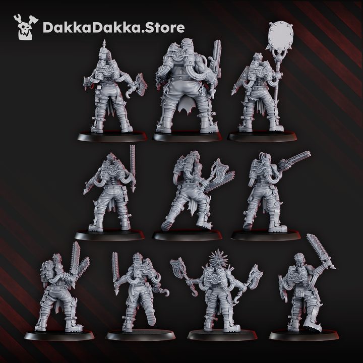 Rear view of all 10 Mad Hyenas Squad miniatures showing backpack details, armour plating and weapon loadouts