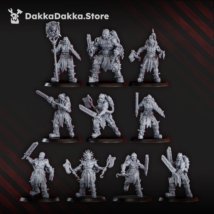 Front view of all 10 Mad Hyenas Squad miniatures showing facial detail, chainblades and axe weapons