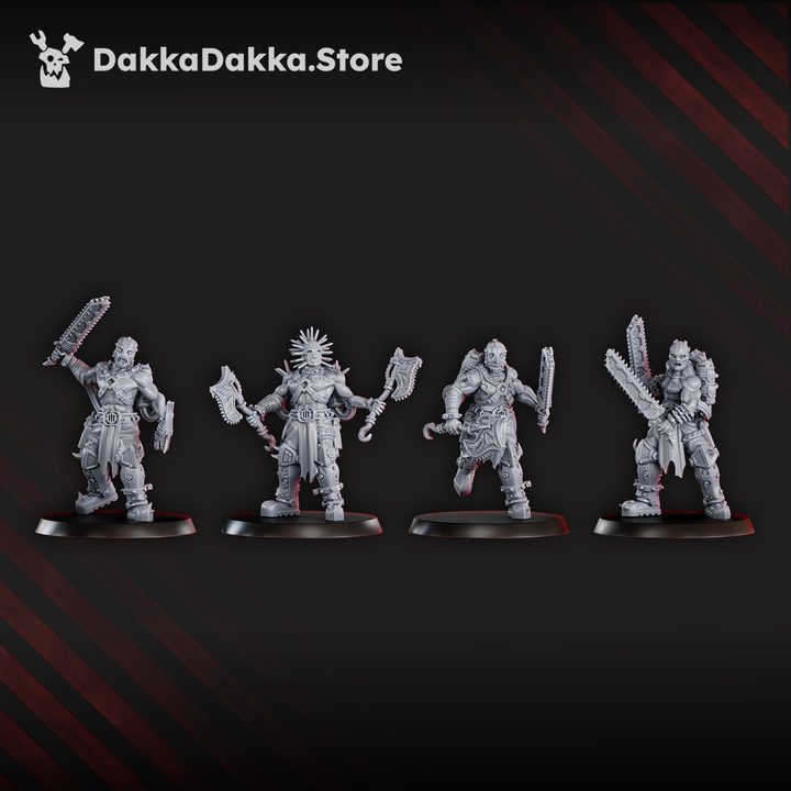 Close-up of four Mad Hyenas infantry fighters with chainblades and spiked-crown shaman, front detail view