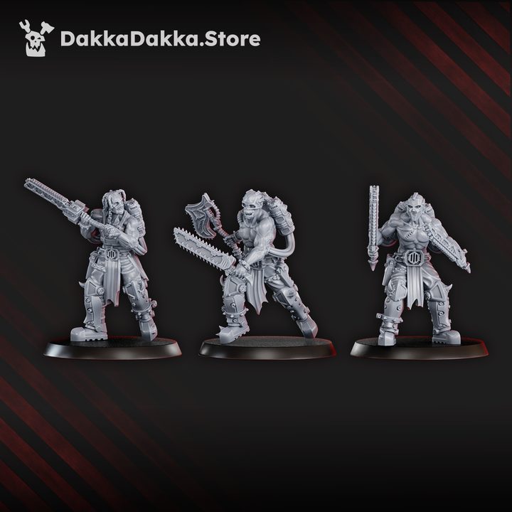 Three Mad Hyenas Squad fighters showing varied poses with chainblade rifle, dual chainblade and staff weapons