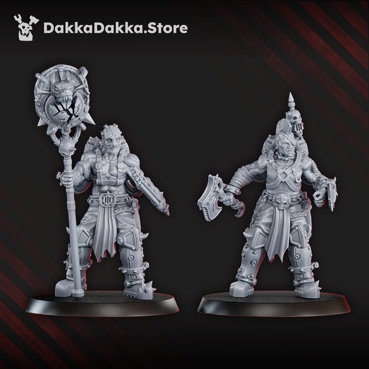 Two hero-scale Mad Hyenas figures including the standard bearer with skull totem and the axe-wielding champion