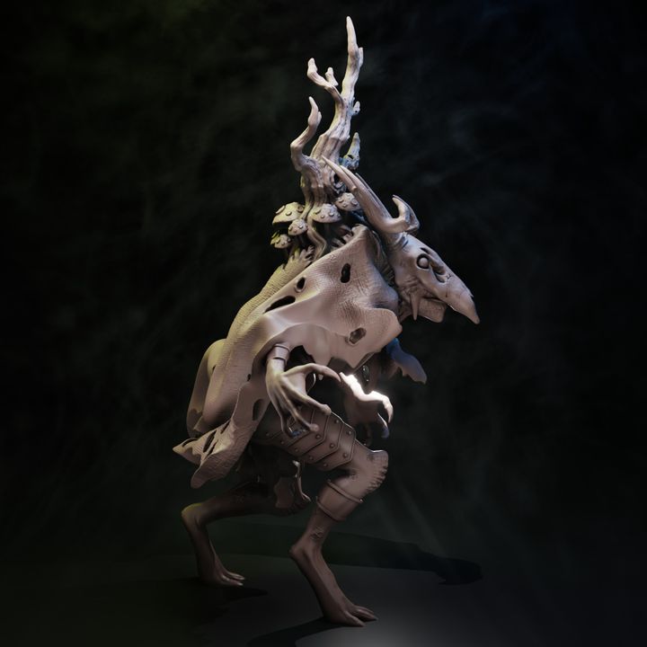 Coven of the Black Woods Master of the Woods resin miniature front and rear views showing antler crown skull mask and tattered cloak