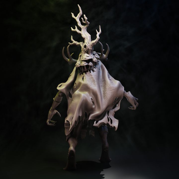 Coven of the Black Woods Master of the Woods resin miniature front and rear views showing antler crown skull mask and tattered cloak