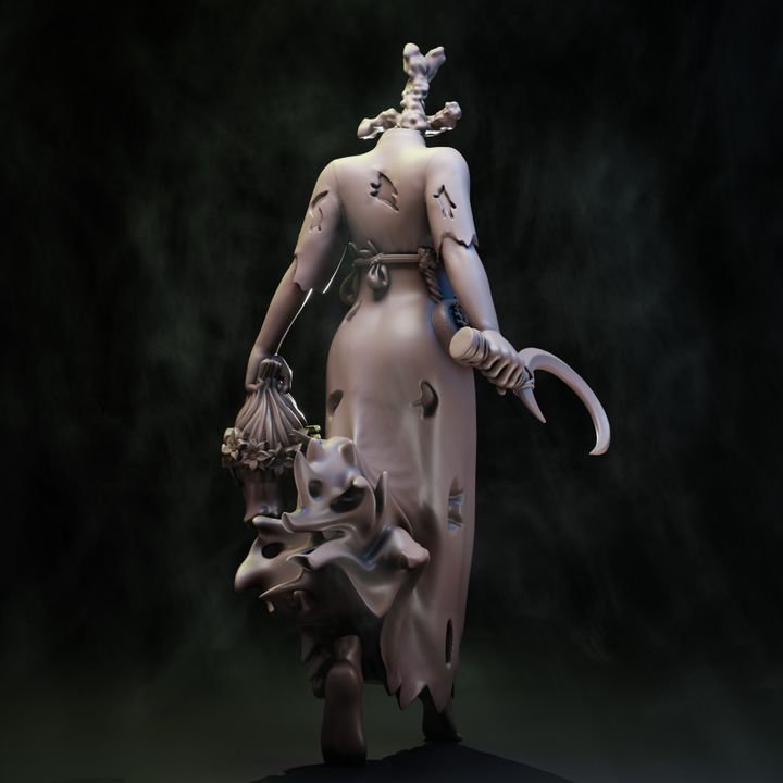 Coven of the Black Woods Noonwraith resin miniature, headless spirit in tattered gown holding severed head and bone sickle
