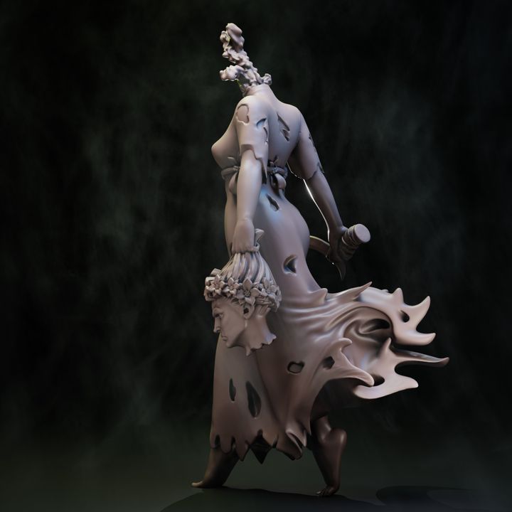 Coven of the Black Woods Noonwraith resin miniature, headless spirit in tattered gown holding severed head and bone sickle