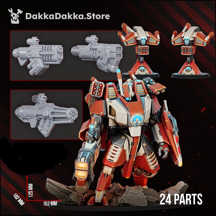 Product overview showing assembled painted miniature with weapon options and dimension markings of 125mm height