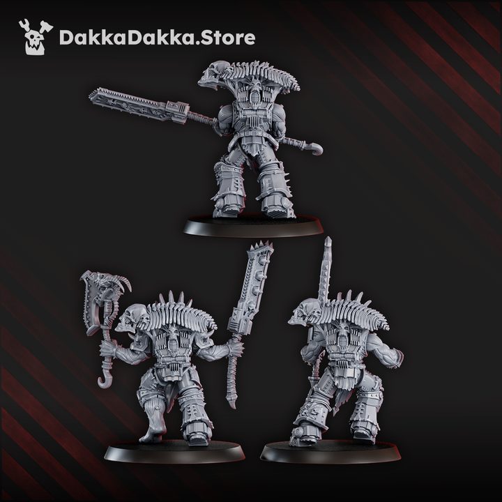 Alternate angle of three corrupted warrior miniatures showing varied poses and weapon loadouts