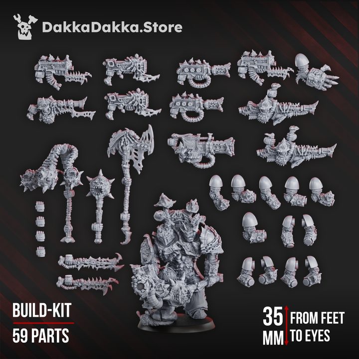 Pandemic Warriors Assembly Kit full parts layout showing all 59 components including bodies, weapons, and backpacks