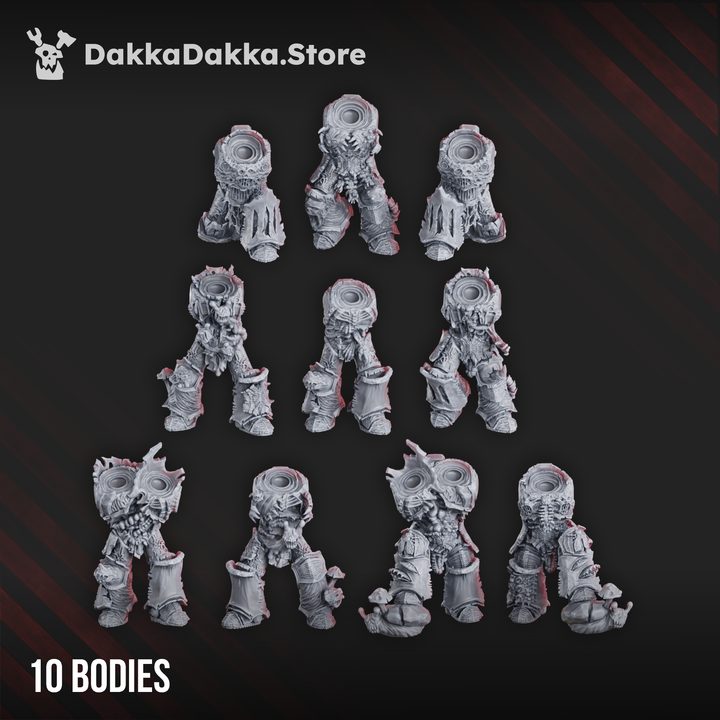 10 corrupted warrior bodies with plague armour and mutation detail, resin, unpainted
