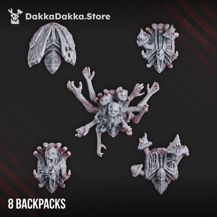 8 grimdark backpacks featuring skeletal hands, undead faces, and insect carapace designs