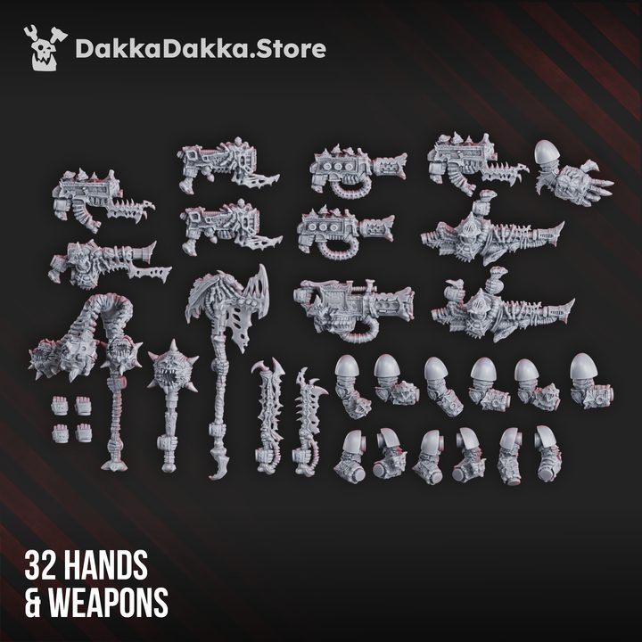 32 hands and weapons spread including bone maul, bolt weapons, and melee arms, resin unpainted