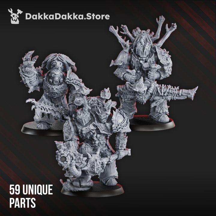 Three fully assembled Pandemic Warriors models on bases showing size and build variety