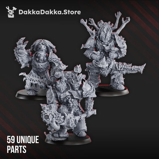 Three fully assembled Pandemic Warriors models on bases showing size and build variety