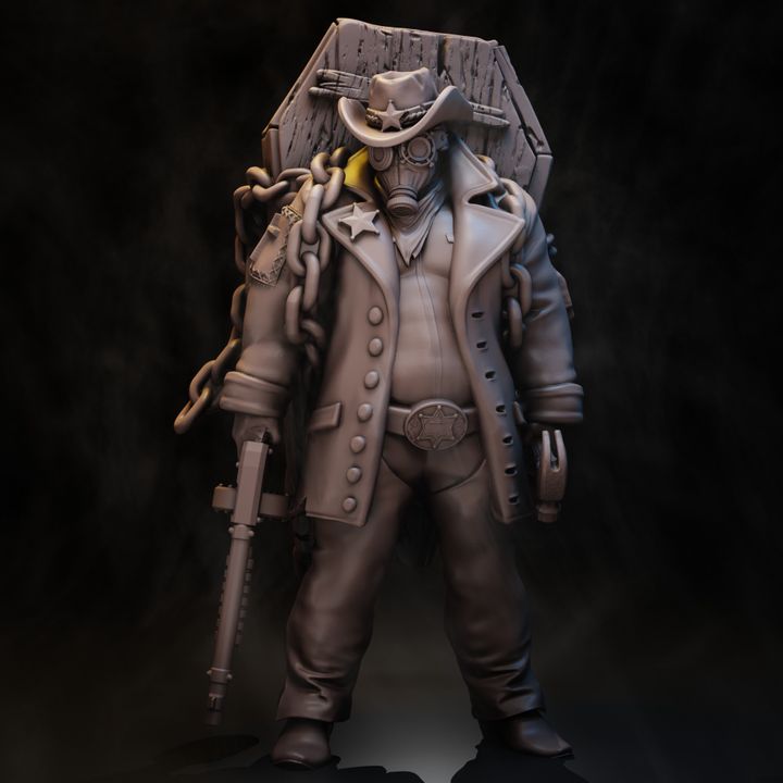 Rangers of the No Man's Land Sheriff resin miniature front view, gas mask, sheriff badge, rifle, coffin backpack and chains