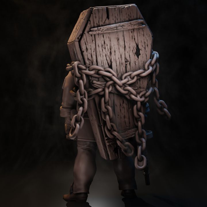 Rear view of the Sheriff miniature showing weathered coffin strapped to back with heavy chain links crossing over coat