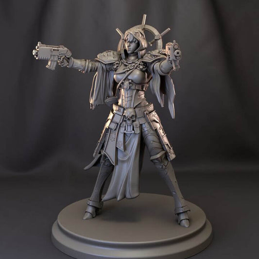 Sister Superior Lith Hespergat figurine, 75mm sci-fi fantasy model in grey resin with dual guns.