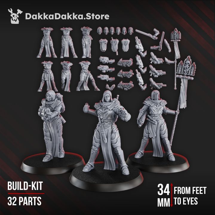 Sisterhood of Battle War Sisters Novice Squad build kit, 6 modular 34mm grimdark sci-fi miniatures with 32 unique parts including 6 bodies, 6 heads, and 20 weapons and hands, sculpted by DakkaDakka