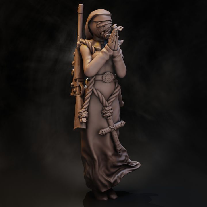 Rangers of the No Man's Land Sniper Priestess resin miniature, front left view showing rifle, rope and praying hands